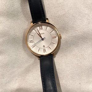 Fossil watch with navy leather band and rose gold accents